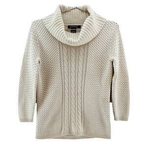 LLEN TRACY Chic Wool Silk Cashmere‎ Cable Knit Turtleneck Sweater • XS • cream